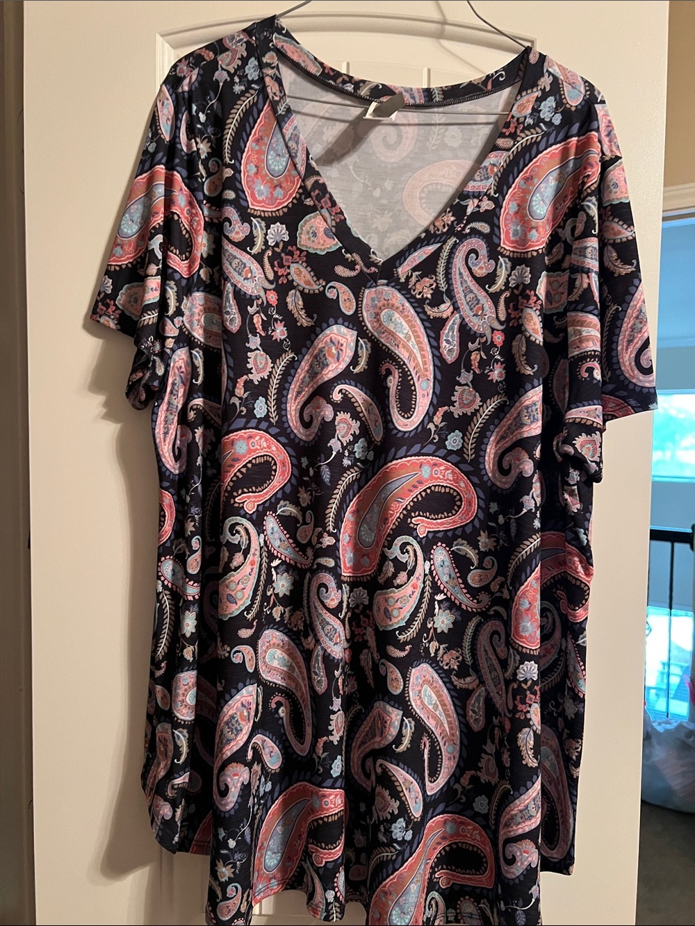 Honeyme Black Paisley V-Neck Tunic with Pink & Blue Accents